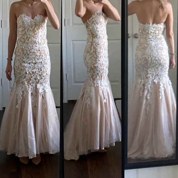 Vienna Prom Dresses & Skirts - Nude white lace rhinestone crustal mermaid dress